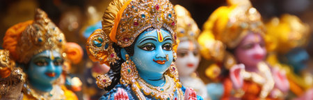 A vibrant display of intricately crafted Hindu figurines highlights the spirit of celebration during a religious festival, showcasing cultural artistry and devotion.の素材