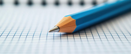 A close-up image featuring a blue pencil resting on graph paper, perfect for educational or office-related themes involving writing and creativity.の素材