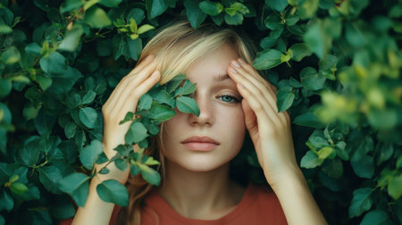 A serene portrait of a young woman surrounded by lush green leaves, conveying a sense of peace and connection with nature. Her gentle expression invites contemplation and tranquility.の素材