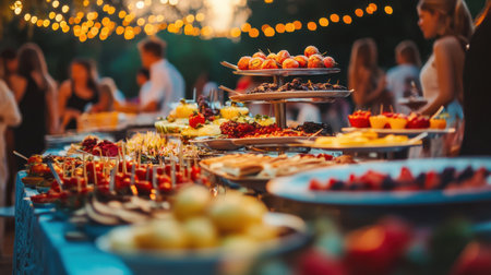 A vibrant spread of delicious dishes set outdoors for a joyful gathering, featuring fruit, appetizers, and desserts, surrounded by warm lights and cheerful ambiance.の素材