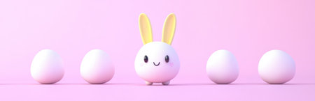 A charming bunny character stands cheerfully among white eggs, set against a soft pink background. Perfect for spring and Easter themes in festive designs.の素材