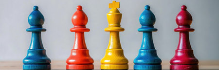A vibrant arrangement of colorful wooden chess pieces stands out against a wooden surface, capturing the essence of strategy and creativity in a playful and artistic manner.の素材