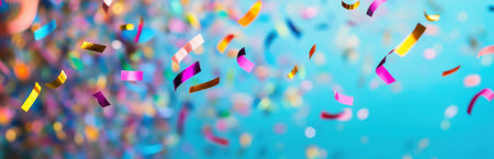 A vibrant scene featuring colorful confetti falling against a bright blue background, perfect for capturing the essence of celebration and joy in any festive event.の素材