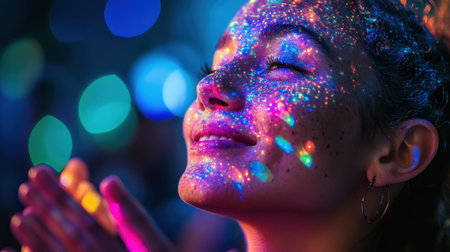A captivating portrait of a woman with colorful light projections on her face, capturing emotions of joy and serenity in a vibrant atmosphere filled with creativity.の素材