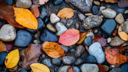 A serene view of colorful autumn leaves scattered over wet rocks in a stream bed. The vibrant hues of fall contrast beautifully with the smooth stones, creating a peaceful natural scene.の素材