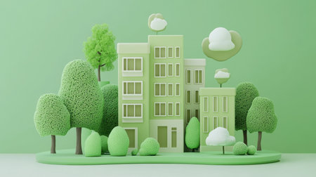 A charming green urban landscape featuring stylized buildings and lush trees. This illustration showcases a minimalistic and vibrant design, perfect for eco-friendly and nature-themed projects.の素材