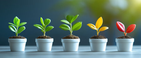 A captivating display of plants in white pots showcasing their growth stages. The image highlights the beauty of nature with vibrant leaves against a soft-focus background.の素材