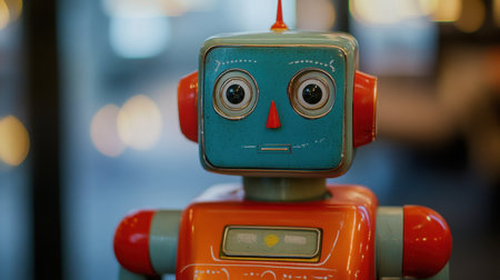 This vibrant vintage toy robot features bright colors and expressive eyes, evoking nostalgia and creativity. An excellent addition to any playful decor.の素材