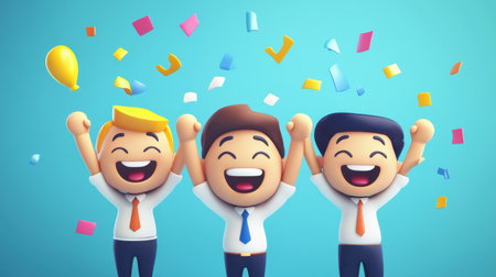Three cartoon characters celebrate a joyful moment with raised hands and big smiles. Colorful confetti and balloons enhance the festive atmosphere.の素材
