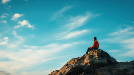 A person in an orange sweater sits on a large rock, gazing at a beautiful blue sky filled with soft clouds. This scene captures a moment of tranquility and contemplation in nature.の素材