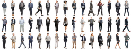 Set of business people in various actions on isolated background. Businesspeople, businesswomen, businessmen office worker in full body length studio professional shot in casual and formal wearの素材