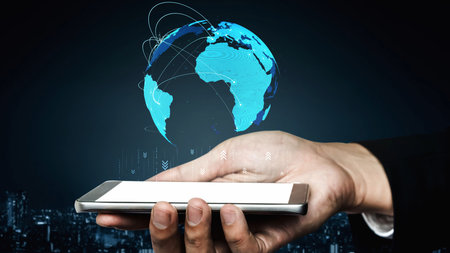 Global network connection visualization showing data exchange, digital link, worldwide...