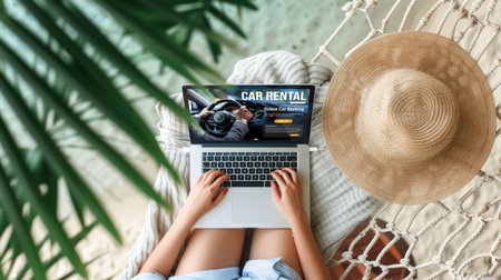car rental website on computer screen for tourist to rent a car for transportation briskの素材