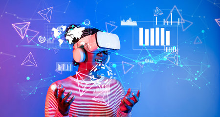 Discover the future of data analytics with this immersive virtual reality scene, showcasing...