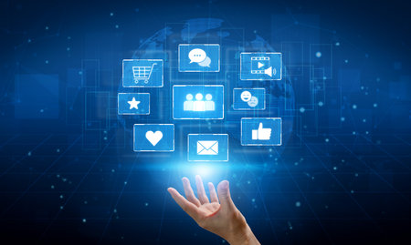 Icons representing social media interaction, communication, and engagement. Social media builds community, social media drives connection, and social media influences behavior.の写真素材