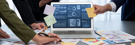 Analyst team use sticky note for creative and analytic brainstorm for business idea with BI data...