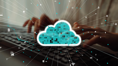 This image represents the concept of cloud computing, showcasing hands typing on a keyboard with...