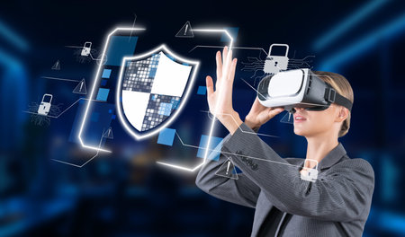 A business professional uses virtual reality to explore cybersecurity solutions for data protection...