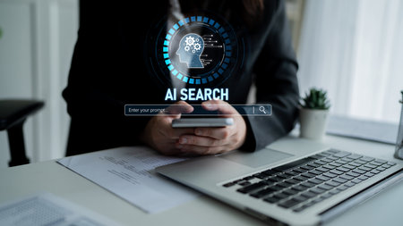 AI search engine systems enhance SEO data access. Intelligent search engines powered by AI improve search results. AI-driven search tools help process and retrieve relevant AI information.の写真素材