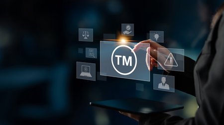 Trademark protection and legal compliance with TM icon, copyright law, patent check, intellectual property rights, and branding regulation enforcement Latchの写真素材