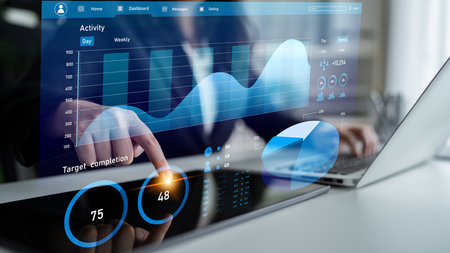Futuristic business analytics dashboard featuring real-time performance metrics, data...