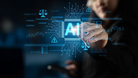 AI circuit microchip with glowing blue lines, surrounded by legal scales, warning symbols, data sheets, and binary codes, representing ethical AI, AI governance, and data integrity Latchの写真素材