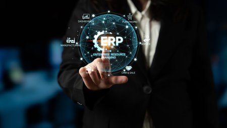 ERP platform visual showing centralized system for enterprise resource planning, improving integration, data flow, business efficiency, finance, inventory, and human resources. Splineの写真素材