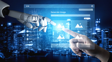 AI platform generating art images with dynamic interface. AI-generated content appears in image gallery artificial intelligence view. Genrative AI loading multiple image from AI design engine.の写真素材