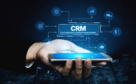 CRM platforms improve customer relationships through data analysis, CRM communication tools, and automation. CRM systems support customer management, tracking, and CRM relationship success.の写真素材
