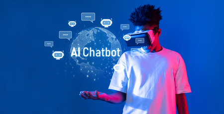 Explore the integration of AI chatbot technology with virtual reality, representing automation and machine learning in a futuristic digital landscape.の写真素材