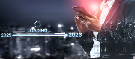 Visualizing the shift from 2025 to 2026. Progress bar symbolizing advancement, strategic foresight,...