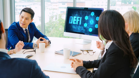 Decentralized finance or DeFi concept on modish computer screen . The defi system give new choice of investment and money saving .の写真素材