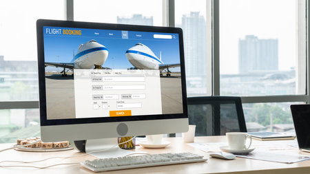 Online flight booking website provide modish reservation system . Travel technology concept .