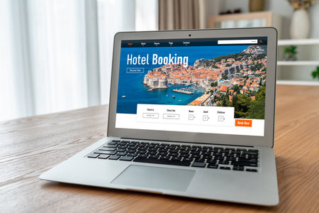 Online hotel accommodation booking website provide modish reservation system . Travel technology concept .の写真素材