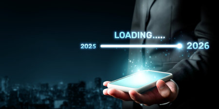 A businessman elegantly holds a smartphone displaying a loading bar symbolizing the transition from...