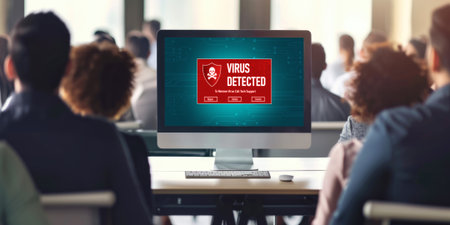 Virus warning alert on computer screen detected brisk cyber threat , hacker, computer virus and malwareの素材