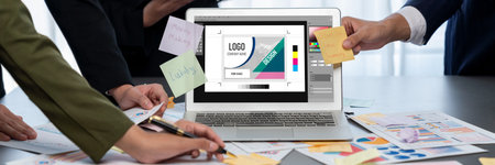 Analyst team use sticky note for creative and analytic brainstorm for business idea with BI data dashboard on laptop screen. Analysis financial data visualization tech for marketing strategy.の写真素材