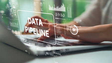 Hands Typing on Laptop with Data Pipeline Graphic in Modern Business Environment. Asymptotic smart...