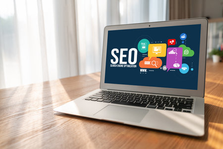SEO search engine optimization for modish e-commerce and online retail business showing on computer...