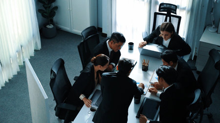 Top view of skilled project manager holds increasing stock market investment chart while businessman...