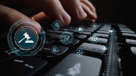 Futuristic digital law interface displaying justice scale, highlighting digital law, AI compliance, digital law systems, and digital law regulations for secure governance. Muxerの写真素材