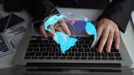 Global network connection visualization showing data exchange, digital link, worldwide...