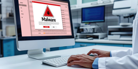 Cyber attacking concept. Malware alert showing on computer screen display scam and threat detection on computer system or online server to be removed brisk.の素材