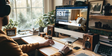 Online real estate rental search brisk on computer. House home or apartment rental website online.の素材