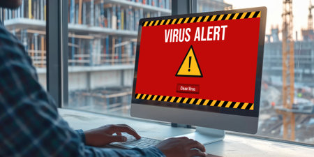 Virus warning alert on computer screen detected brisk cyber threat , hacker, computer virus and malwareの素材