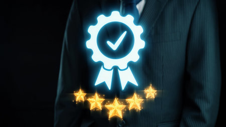 A confident businessman in a professional suit stands against a dark backdrop, featuring a glowing...
