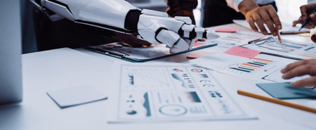 AI technology assisting business professionals in research and data analysis, illustrating the...