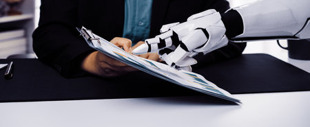 A robotic hand interacts with a clipboard held by a business person, portraying the blend of technology and human interaction in a modern office environment.の写真素材