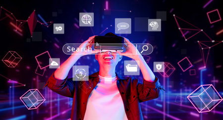 Explore a vibrant virtual reality environment where a user engages with search and digital icons,...