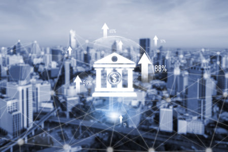 Digital banking innovation integrates finance and technology to enhance online banking, mobile services, and fintech for seamless financial experiences. Vouchの写真素材